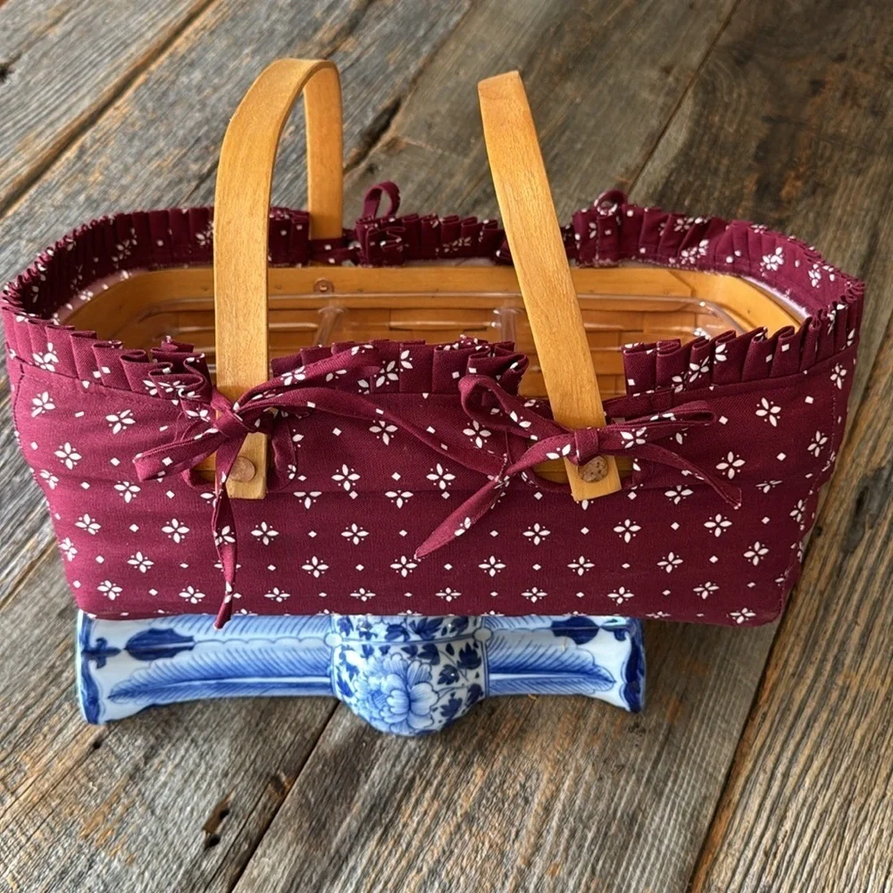 Longaberger Woven Handled Basket with Burgundy Fabric and Insert Liner